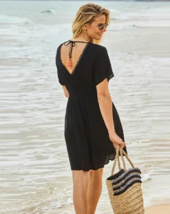 Sosandar Black Embroidered Floral Detail Tie Back Beach Kaftan| Black -Cheap Wovinity Store y01lo073504s