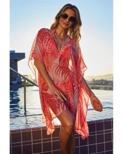 Sosandar Coral Palm Print Kaftan With Luxe Embellishment Detail| Coral
