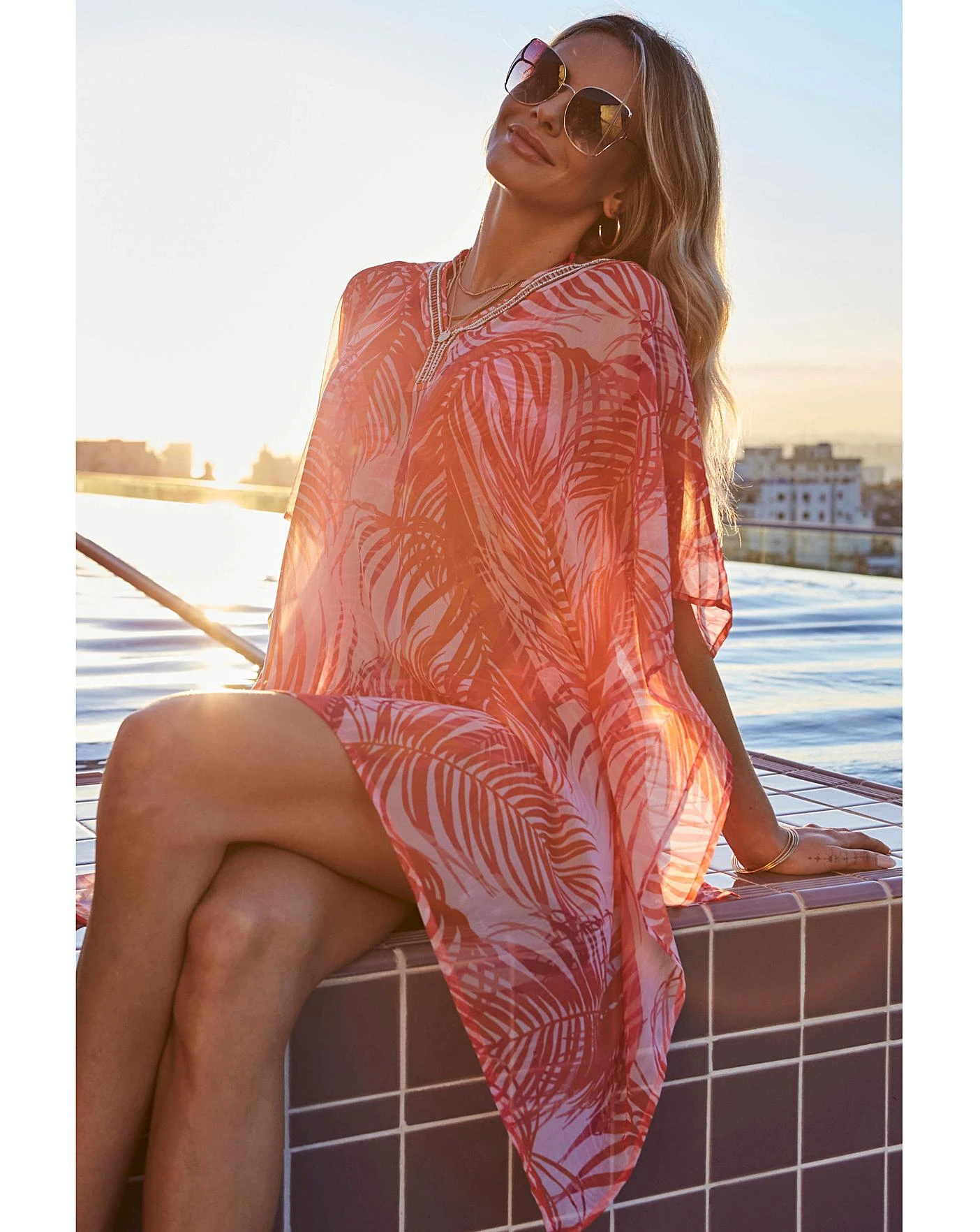 Sosandar Coral Palm Print Kaftan With Luxe Embellishment Detail| Coral 3 Sosandar Coral Palm Print Kaftan With Luxe Embellishment Detail| Coral - Image 3