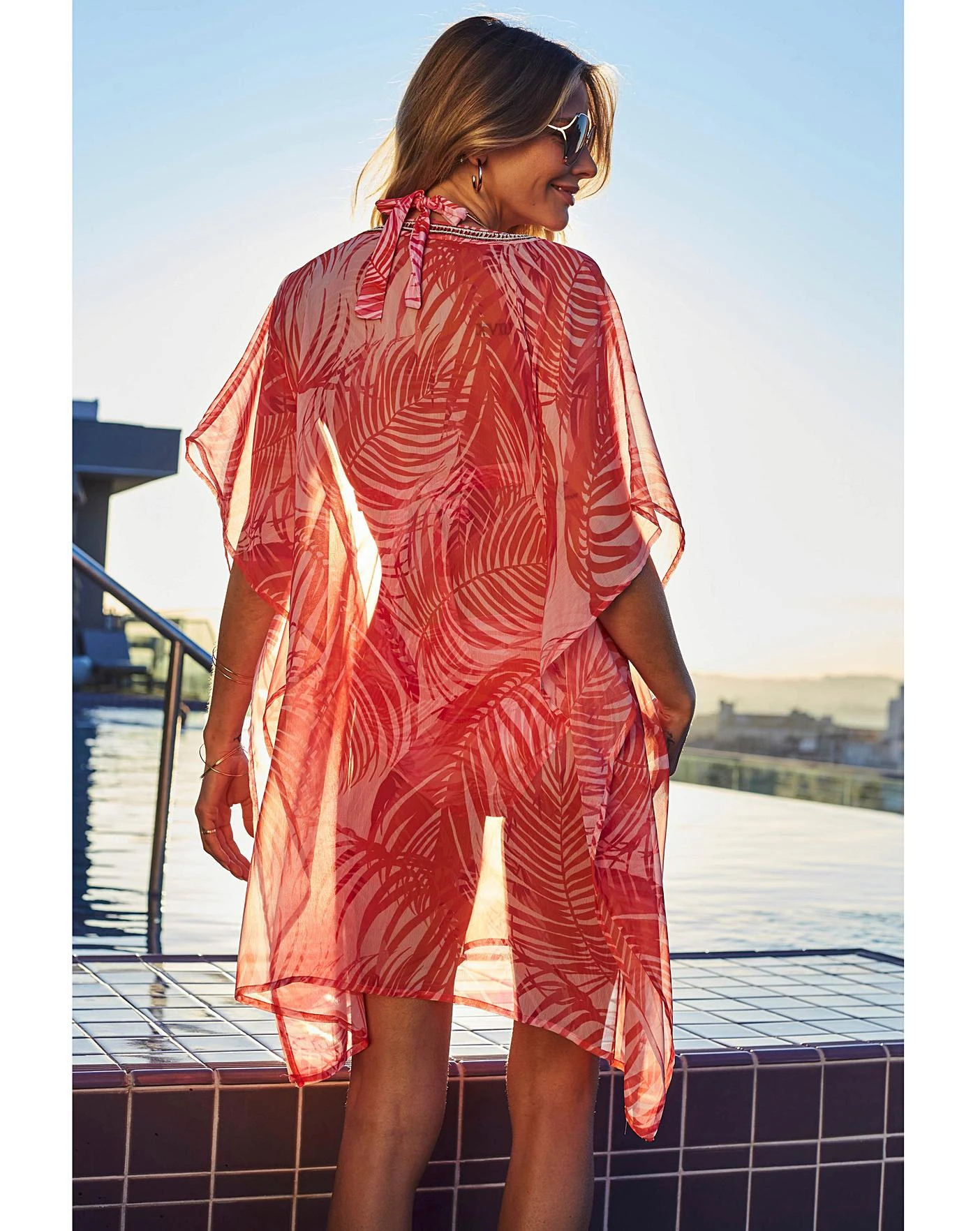 Sosandar Coral Palm Print Kaftan With Luxe Embellishment Detail| Coral 2 Sosandar Coral Palm Print Kaftan With Luxe Embellishment Detail| Coral - Image 2