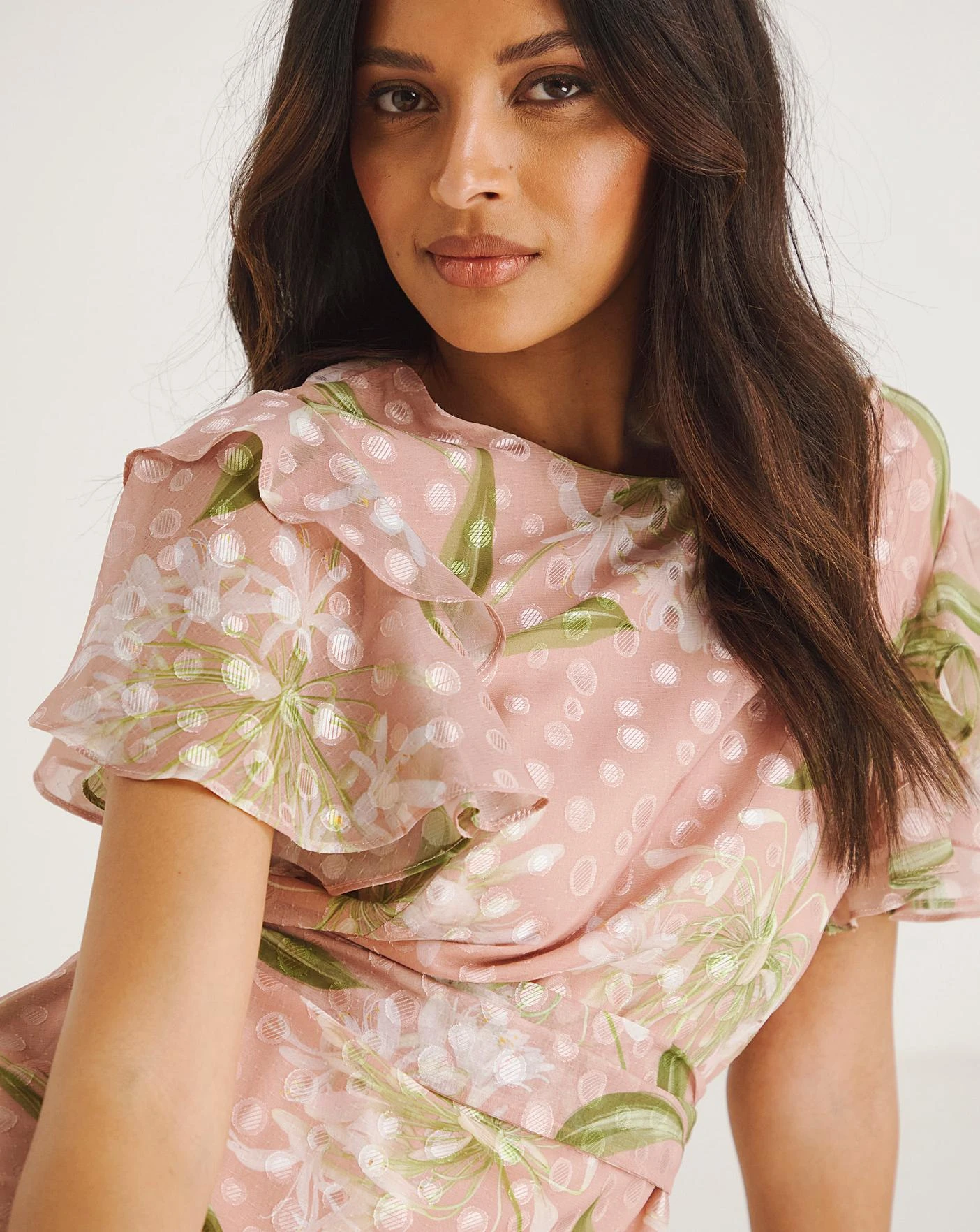 Joanna Hope Jacquard Frill Sleeve Printed Dress| Blush Print 2 Joanna Hope Jacquard Frill Sleeve Printed Dress| Blush Print - Image 2