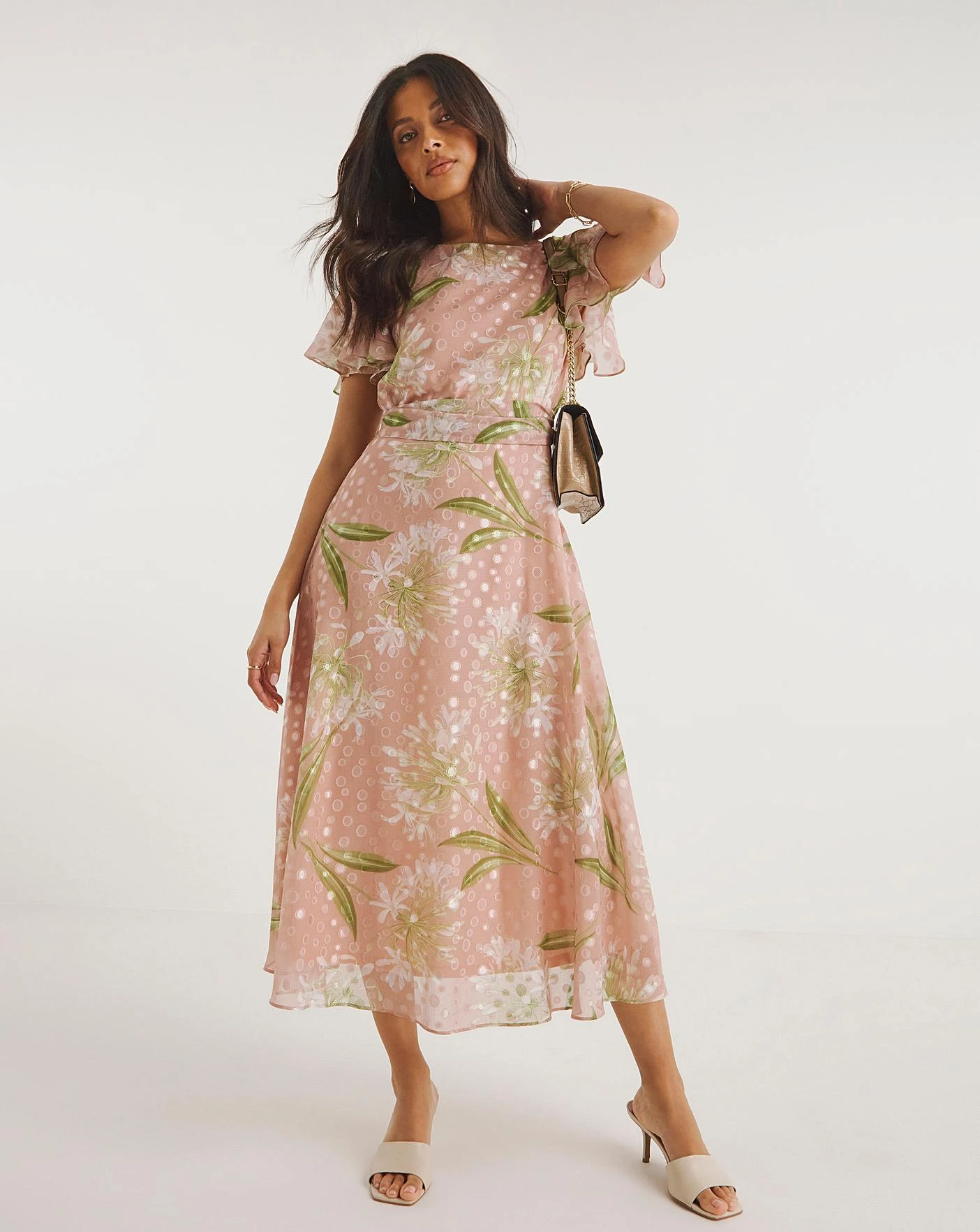 Joanna Hope Jacquard Frill Sleeve Printed Dress| Blush Print 1 Joanna Hope Jacquard Frill Sleeve Printed Dress| Blush Print