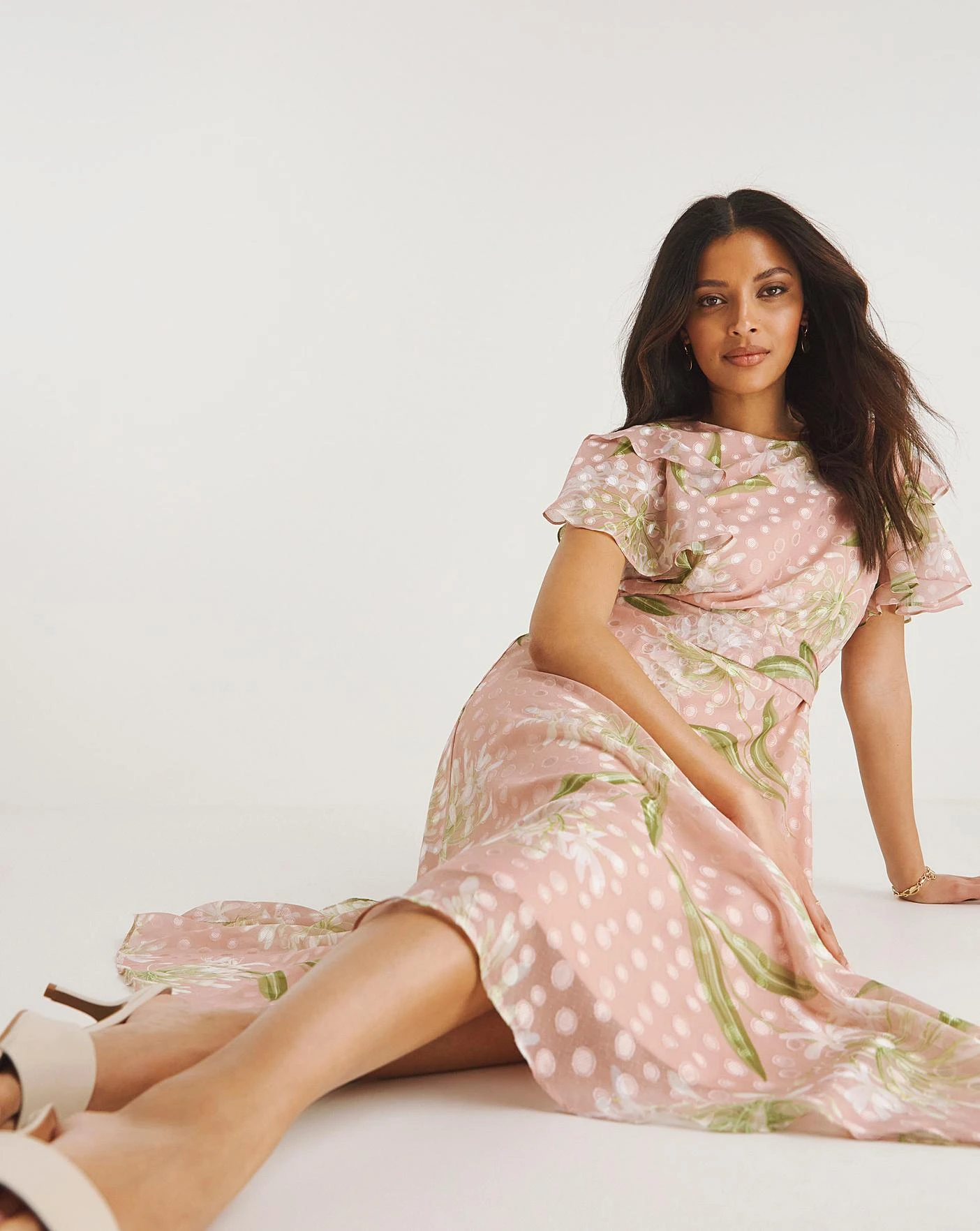 Joanna Hope Jacquard Frill Sleeve Printed Dress| Blush Print 3 Joanna Hope Jacquard Frill Sleeve Printed Dress| Blush Print - Image 3