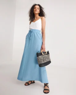 Easy Care Linen Mix Maxi Skirt| Cornflower Blue