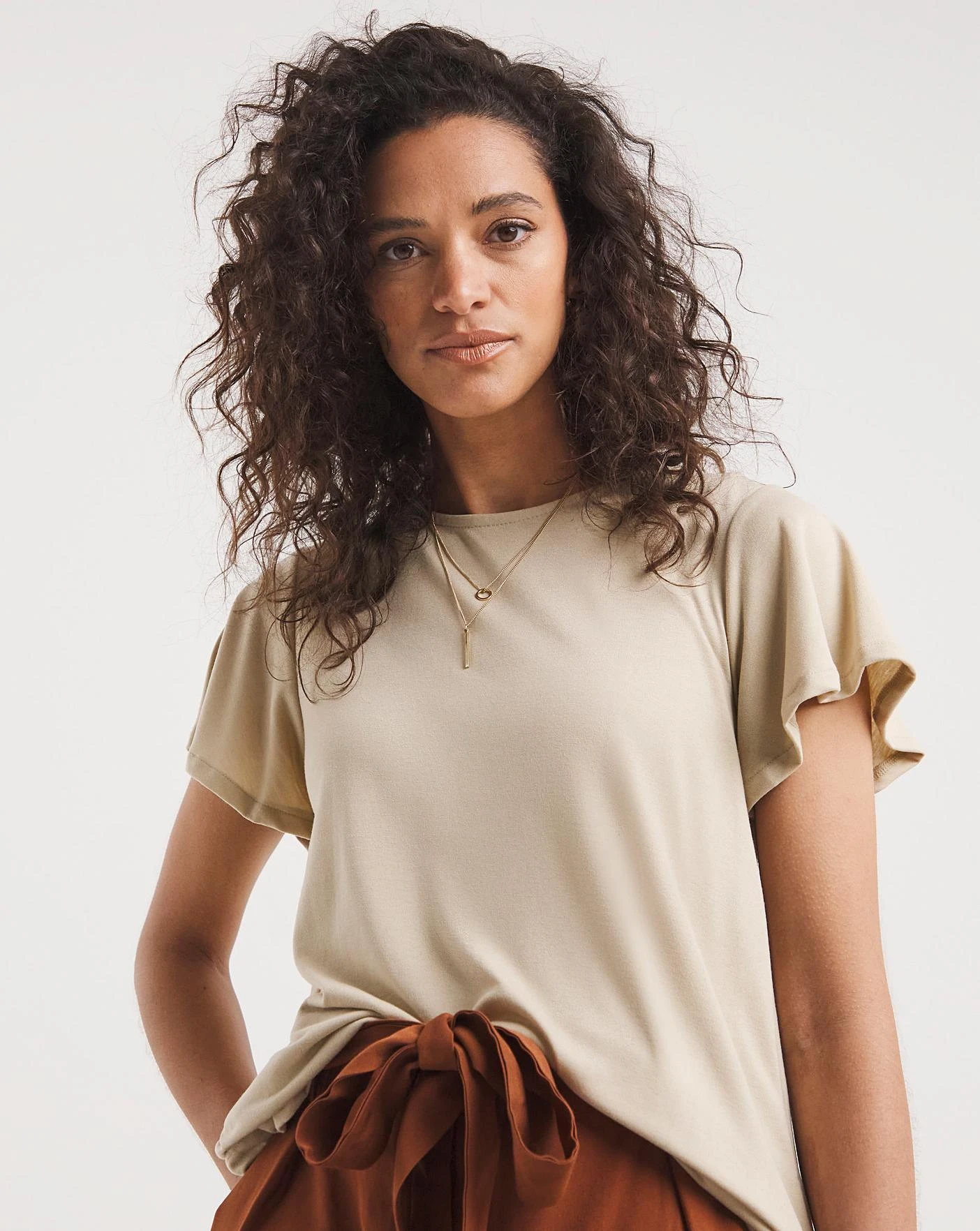 Sand Angel Sleeve Dipped Back Crew Neck Top| Sand 1 Sand Angel Sleeve Dipped Back Crew Neck Top| Sand