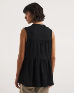 Black Textured Tie Neck Button Front Top| Black -Cheap Wovinity Store y01qb806725w