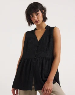 Black Textured Tie Neck Button Front Top| Black