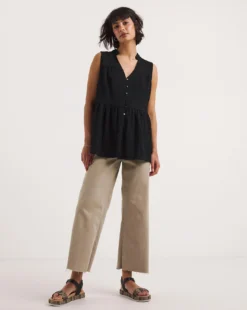 Black Textured Tie Neck Button Front Top| Black -Cheap Wovinity Store y01qb806727w