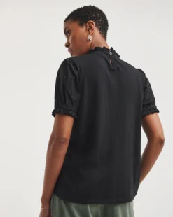 Black Broderie Yoke And Sleeve Detail Top| Black -Cheap Wovinity Store y01qb952722w