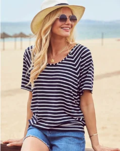Sosanadar Striped Relaxed Fit Scoop Neck T-Shirt| Navy Multi