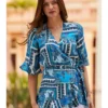 Sosandar Scarf Print Ruffle Hem Wrap Top| Blue