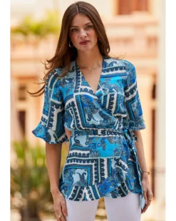 Sosandar Scarf Print Ruffle Hem Wrap Top| Blue