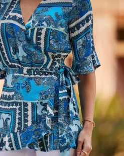 Sosandar Scarf Print Ruffle Hem Wrap Top| Blue -Cheap Wovinity Store y01re090613s
