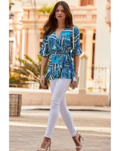 Sosandar Scarf Print Ruffle Hem Wrap Top| Blue -Cheap Wovinity Store y01re090614s