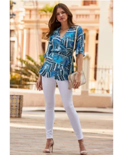 Sosandar Scarf Print Ruffle Hem Wrap Top| Blue -Cheap Wovinity Store y01re090615s