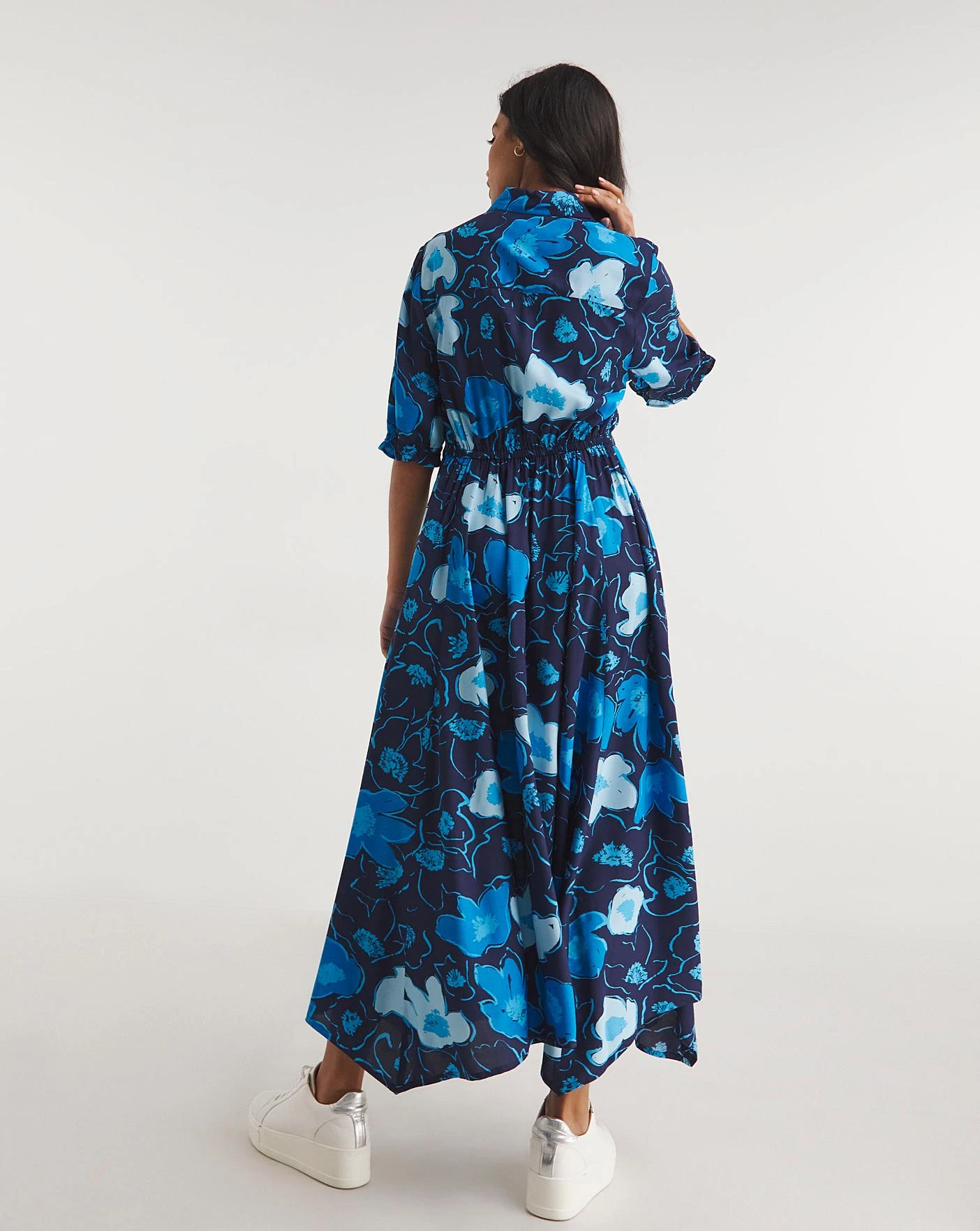 Midi Shirt Dress With Asymetric Hem And Drawstrings| Blue Print 4 Midi Shirt Dress With Asymetric Hem And Drawstrings| Blue Print - Image 4