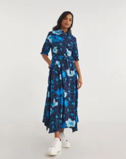 Midi Shirt Dress With Asymetric Hem And Drawstrings| Blue Print