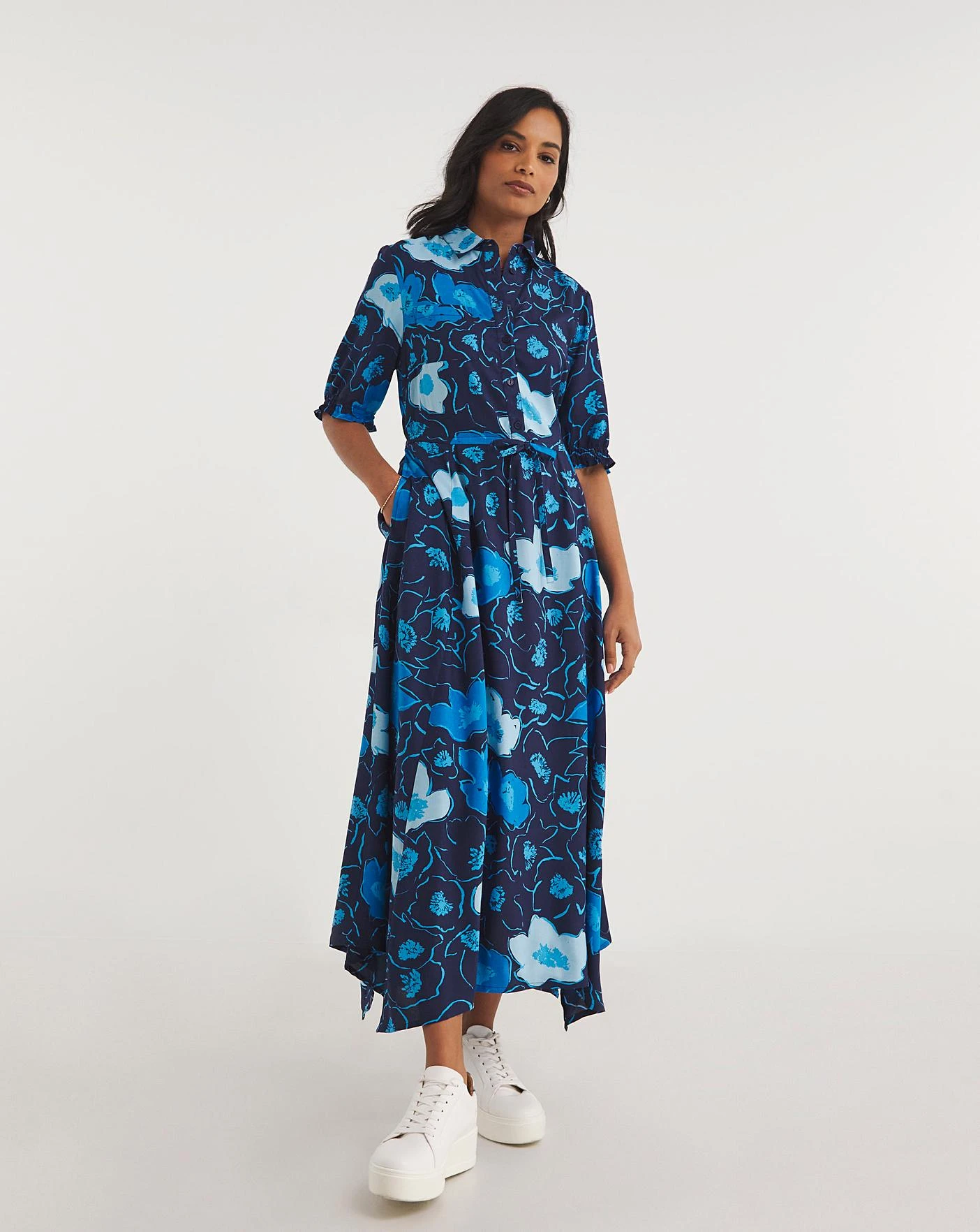 Midi Shirt Dress With Asymetric Hem And Drawstrings| Blue Print 1 Midi Shirt Dress With Asymetric Hem And Drawstrings| Blue Print