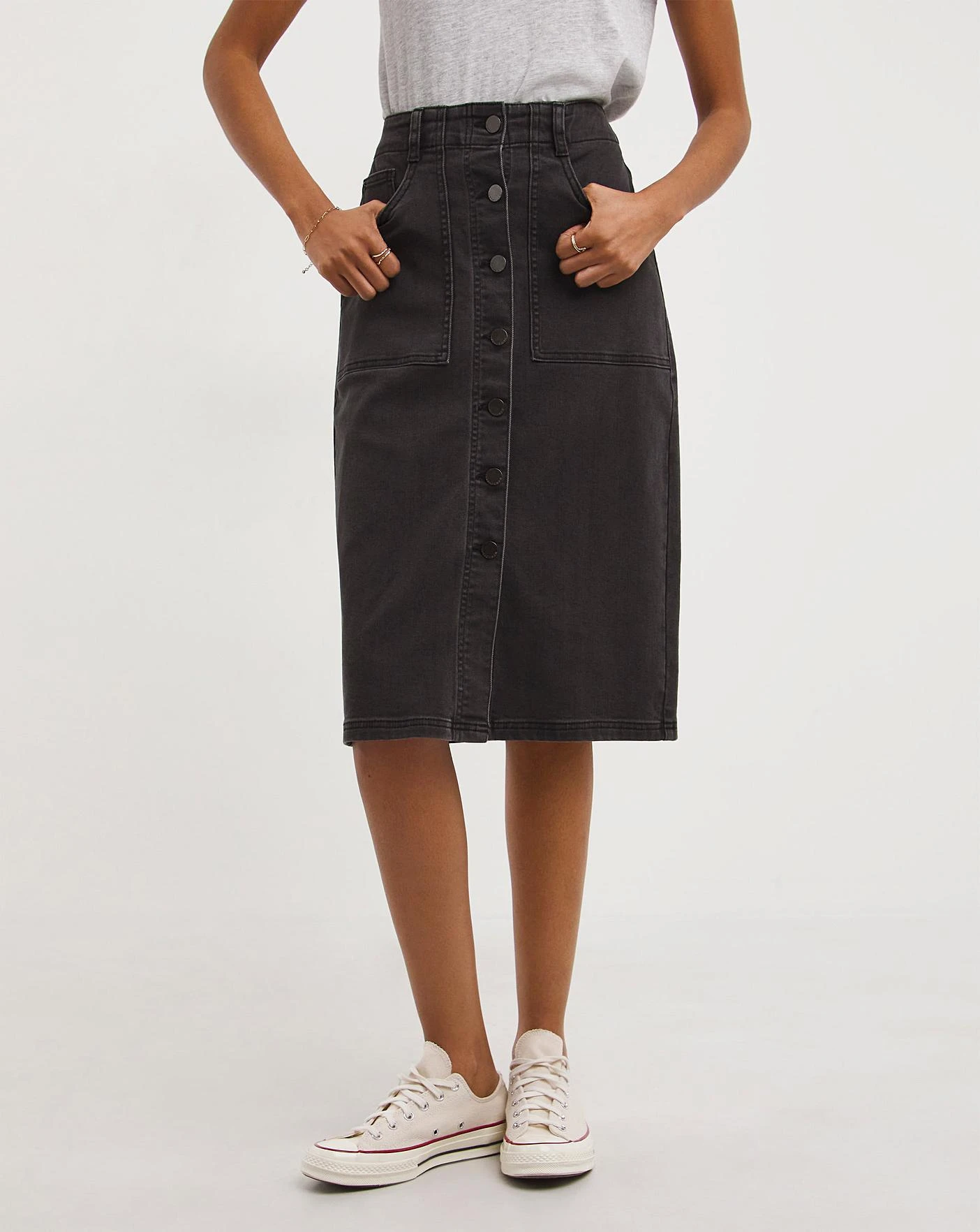 Pencil Button Through Skirt| Washed Black 4 Pencil Button Through Skirt| Washed Black - Image 4