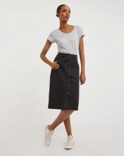 Pencil Button Through Skirt| Washed Black