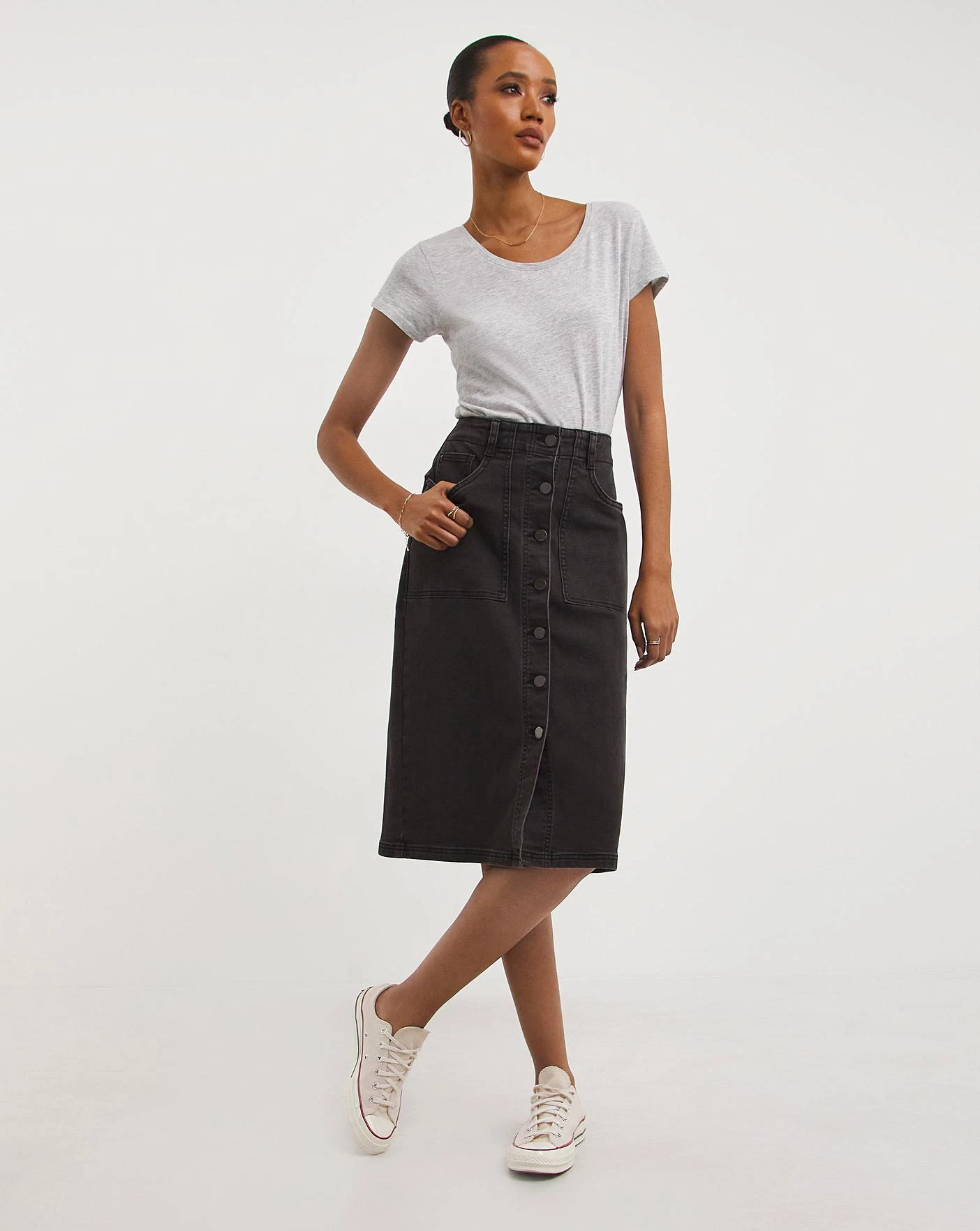 Pencil Button Through Skirt| Washed Black 1 Pencil Button Through Skirt| Washed Black