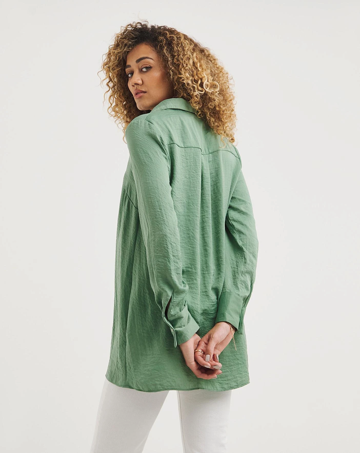 Pistachio Matte Satin Longline Pullover Shirt| Pistachio 2 Pistachio Matte Satin Longline Pullover Shirt| Pistachio - Image 2