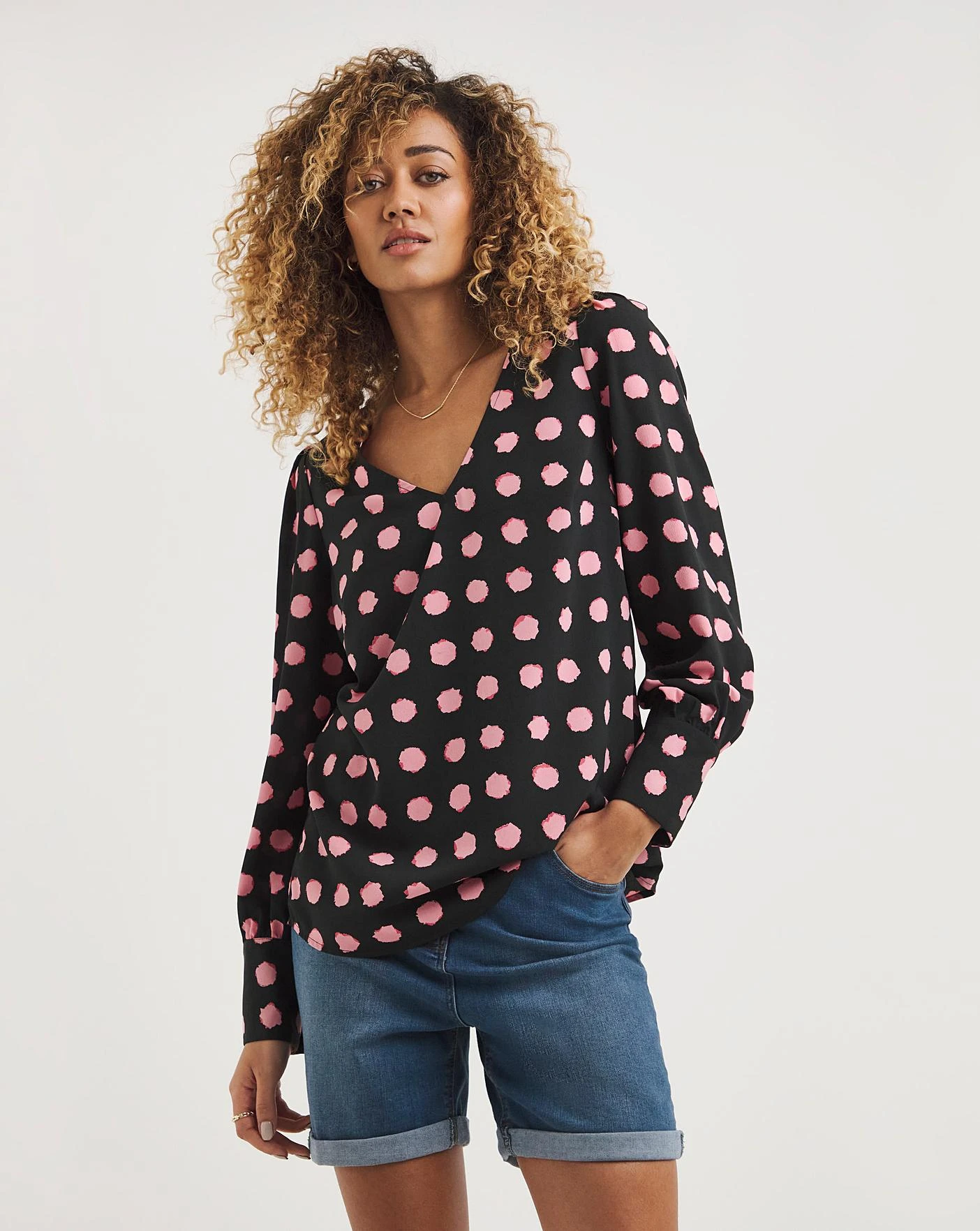 Pink Spot V Neck Deep Cuff Top| Pink Spot 1 Pink Spot V Neck Deep Cuff Top| Pink Spot