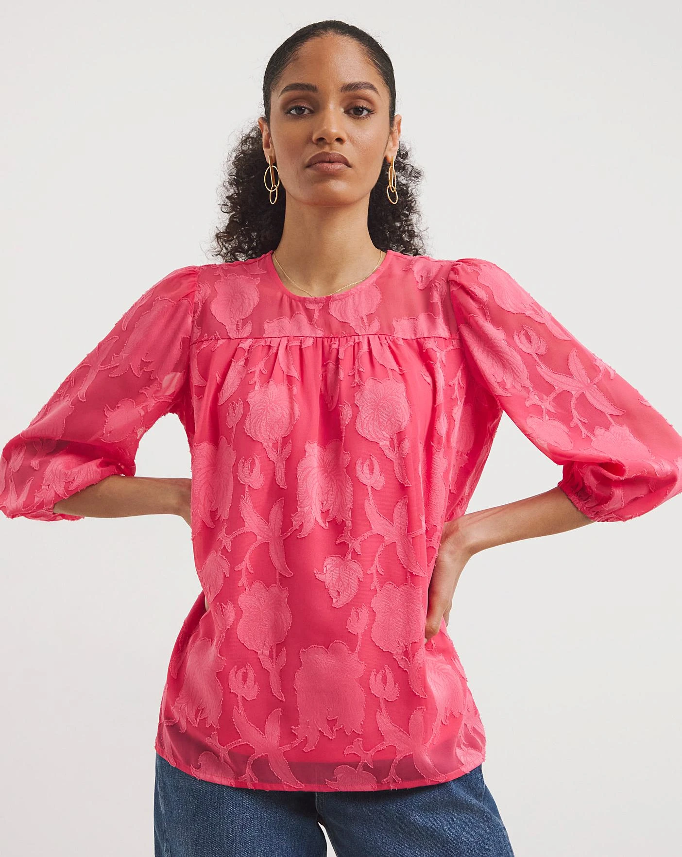 Rose Three Quarter Sleeve Jacquard Top| Rose 1 Rose Three Quarter Sleeve Jacquard Top| Rose