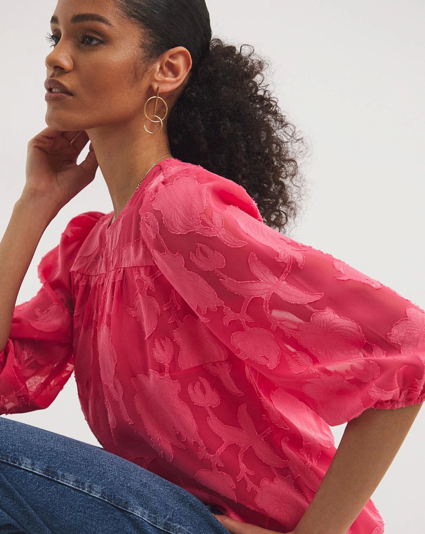 Rose Three Quarter Sleeve Jacquard Top| Rose 3 Rose Three Quarter Sleeve Jacquard Top| Rose - Image 3