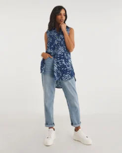 Cheap Wovinity Store 14 Blue Floral Dipped Back Sleeveless Viscose Shirt| Blue Floral