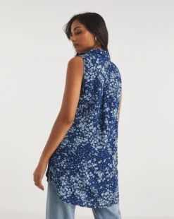 Blue Floral Dipped Back Sleeveless Viscose Shirt| Blue Floral -Cheap Wovinity Store y01tu877718w