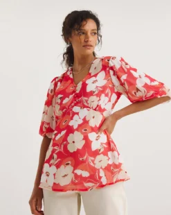 Floral Print Tea Blouse With Exposed Back| Floral Print -Cheap Wovinity Store y01tu986718w