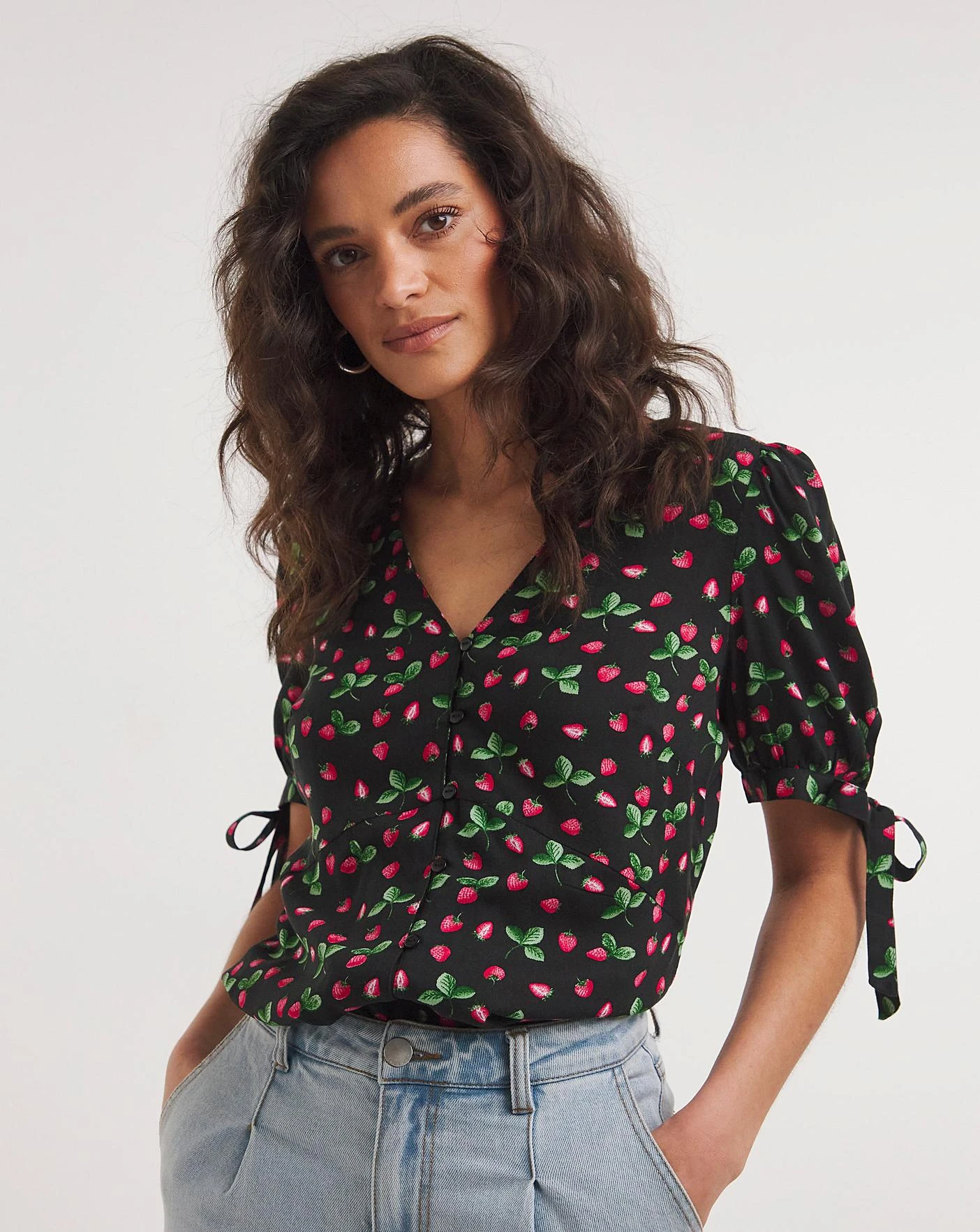 Joe Browns Tie Detail Woven Strawberry Print Top| Black Multi 1 Joe Browns Tie Detail Woven Strawberry Print Top| Black Multi