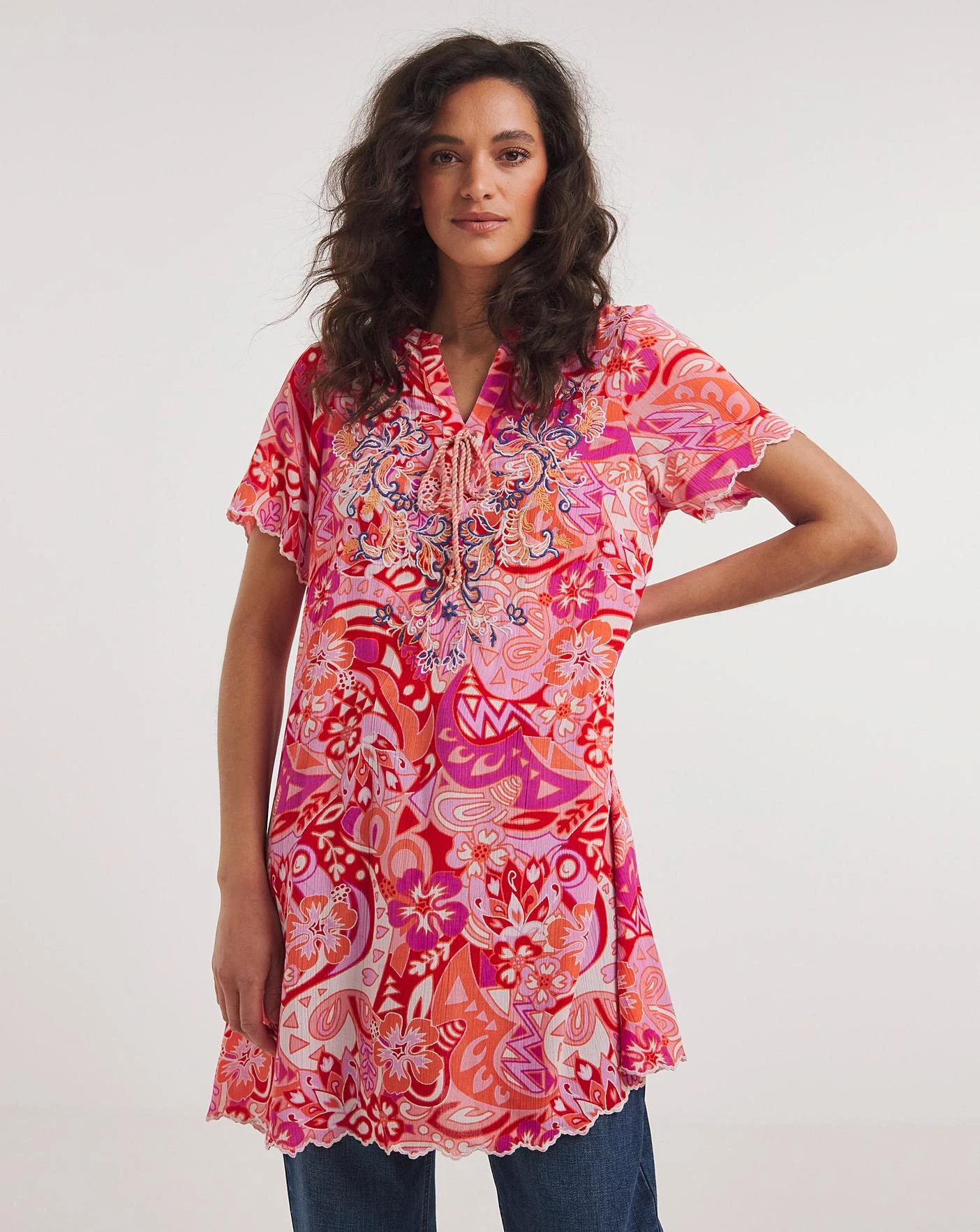 Joe Browns Scalloped Hem Embroidered Tie Boho Tunic| Pink Multi-coloured 4 Joe Browns Scalloped Hem Embroidered Tie Boho Tunic| Pink Multi-coloured - Image 4