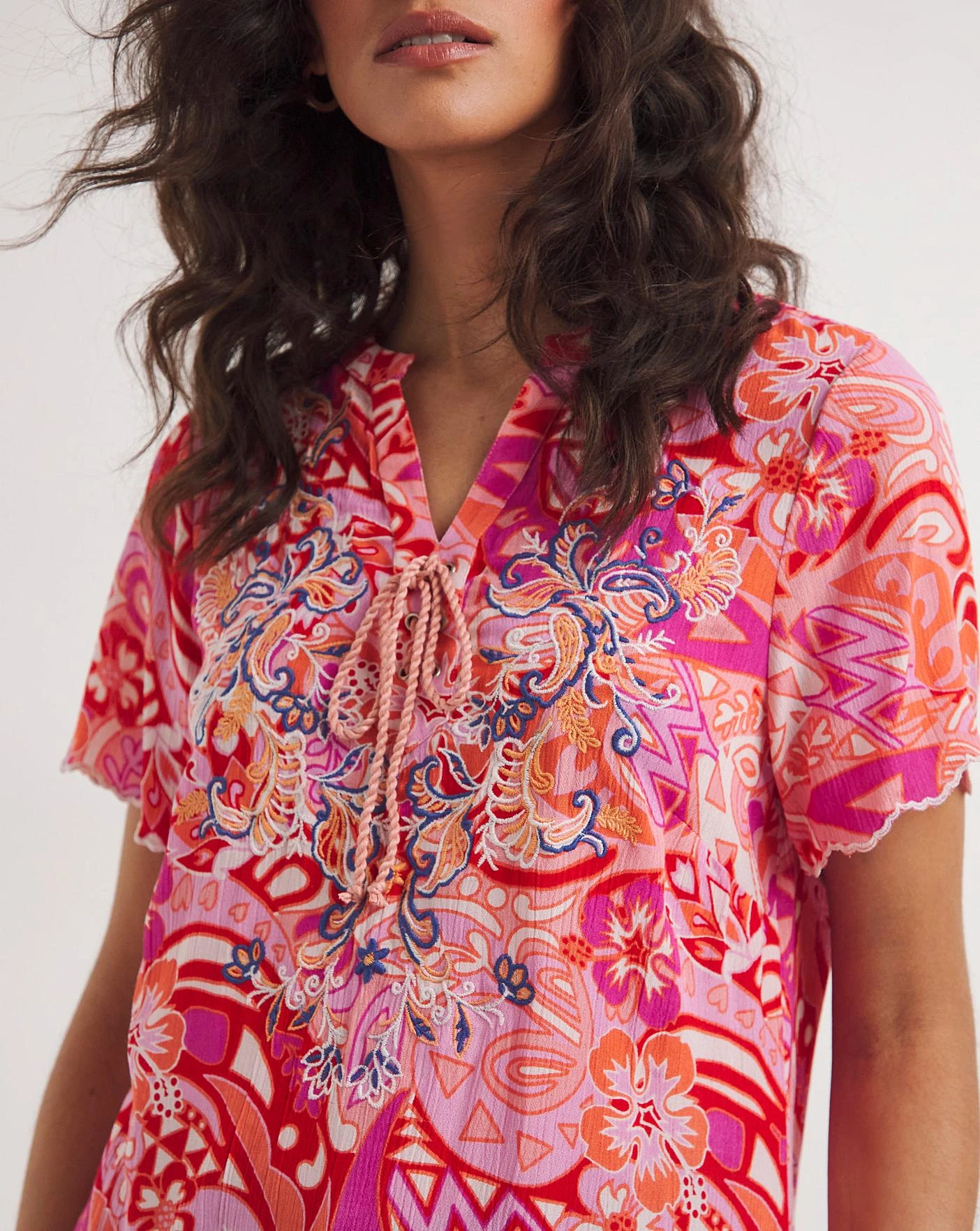 Joe Browns Scalloped Hem Embroidered Tie Boho Tunic| Pink Multi-coloured 5 Joe Browns Scalloped Hem Embroidered Tie Boho Tunic| Pink Multi-coloured - Image 5