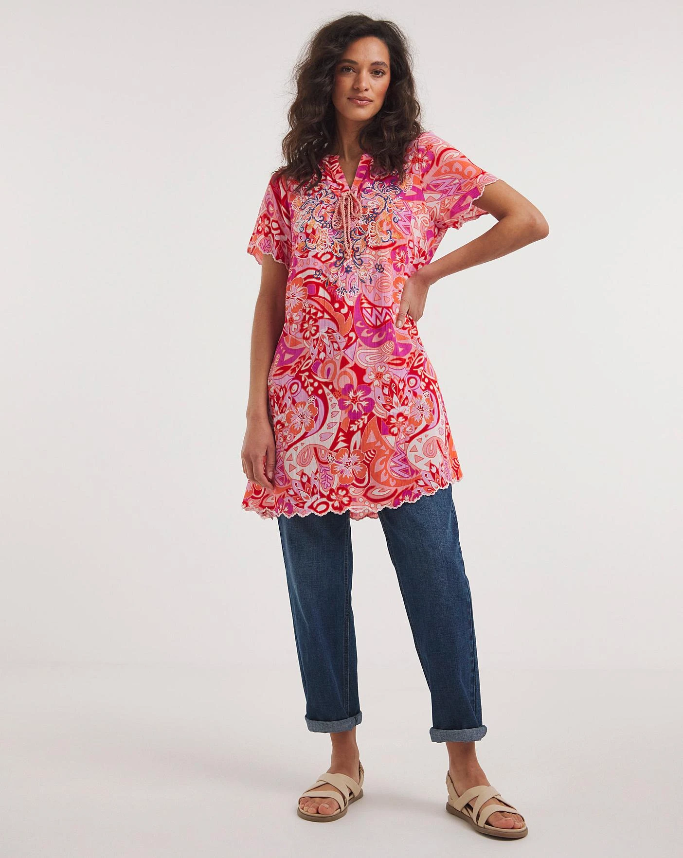 Joe Browns Scalloped Hem Embroidered Tie Boho Tunic| Pink Multi-coloured 1 Joe Browns Scalloped Hem Embroidered Tie Boho Tunic| Pink Multi-coloured
