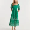 Broderie Tiered Dress With Puff Sleeves| Green/Ivory