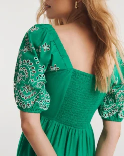 Broderie Tiered Dress With Puff Sleeves| Green/Ivory -Cheap Wovinity Store y01wm296736w