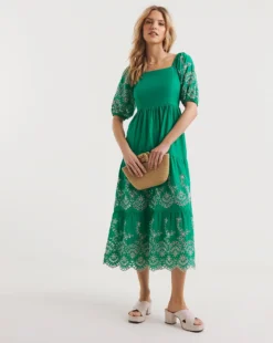 Broderie Tiered Dress With Puff Sleeves| Green/Ivory -Cheap Wovinity Store y01wm296737w
