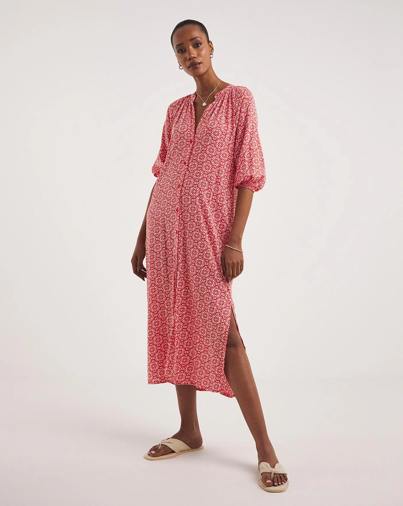 Kaftan Button Through Shirt Dress With Side Slits| Red Print 2 Kaftan Button Through Shirt Dress With Side Slits| Red Print - Image 2