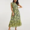 Sleeveless V-Neck Maxi Dress With Frills| Chartreuse