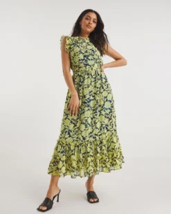 Sleeveless V-Neck Maxi Dress With Frills| Chartreuse