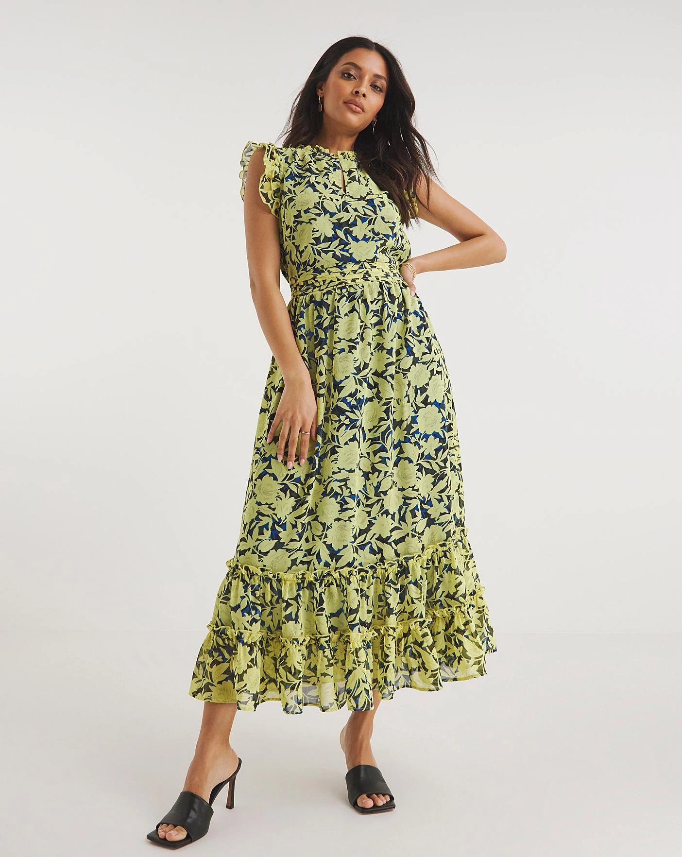 Sleeveless V-Neck Maxi Dress With Frills| Chartreuse 1 Sleeveless V-Neck Maxi Dress With Frills| Chartreuse