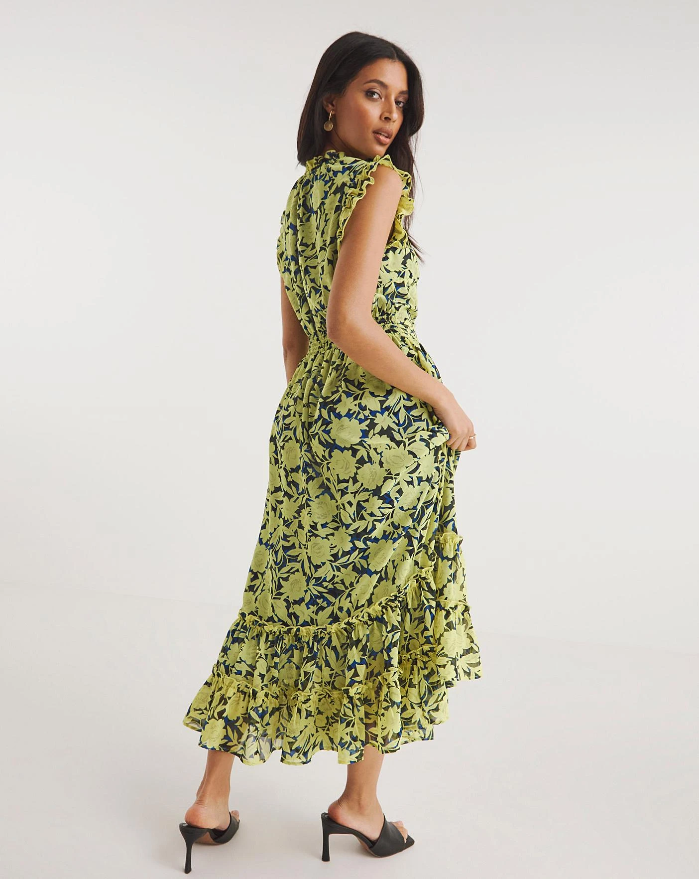 Sleeveless V-Neck Maxi Dress With Frills| Chartreuse 2 Sleeveless V-Neck Maxi Dress With Frills| Chartreuse - Image 2