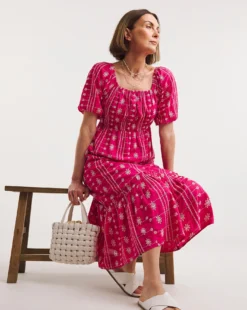 Contrast Broderie Tea Dress| Pink