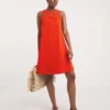 Crochet Trim Cotton Slub Trim Swing Dress| Red