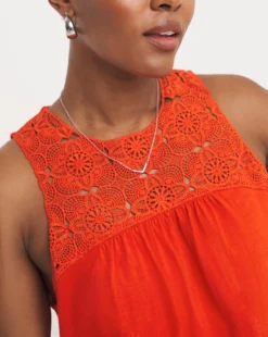 Crochet Trim Cotton Slub Trim Swing Dress| Red -Cheap Wovinity Store y01wm531708w