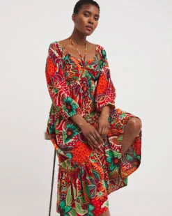 Viscose Smock Sundress With Neck Ties| Red Print
