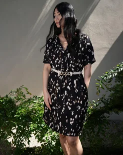 Cheap Wovinity Store 29 Viscose Twill Relaxed Shirt Dress| Black Print