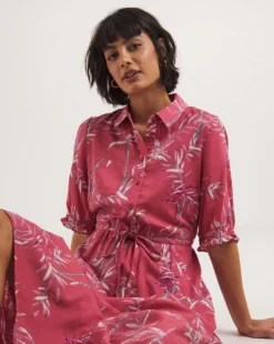 Tie Waist Midi Shirt Dress| Pink Print -Cheap Wovinity Store y01wm667728w